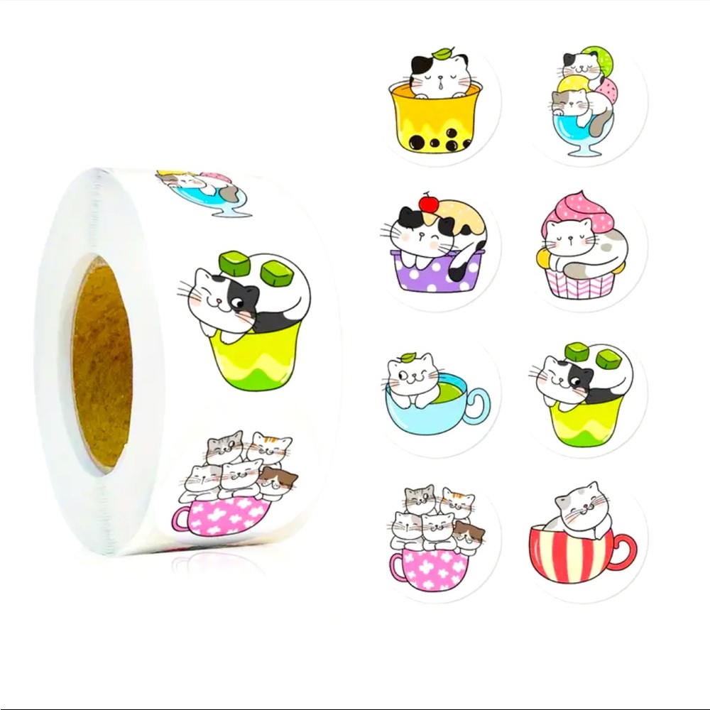 Roll of 500 Playful Kitty Cats in Cups and Mugs Cute